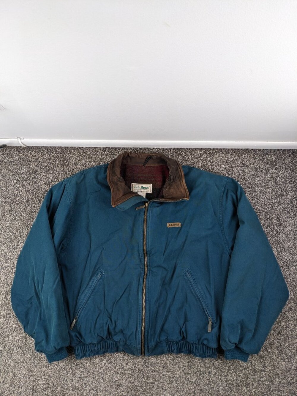 Vintage LL Bean Jacket Suede Collar Wool Blanket Lined Bomber Mens Large US Made - Picture 1 of 15